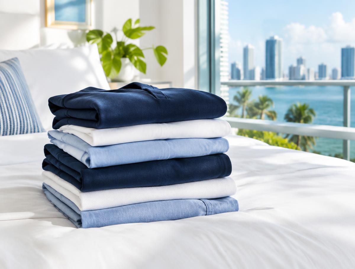 Freshly washed navy, white, and blue laundry folded on a bed